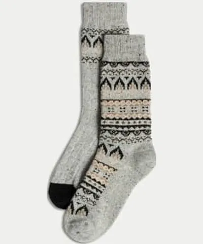 M&S Collection Mens M&S Collection 2pk Fair Isle Wool Blend Boot Socks