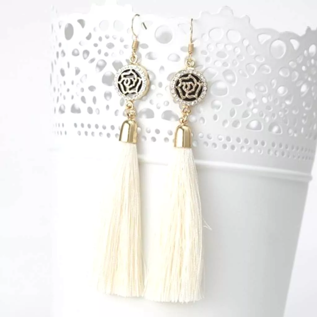 Off White Tassel Earrings with Gold and Crystal Flower Charm