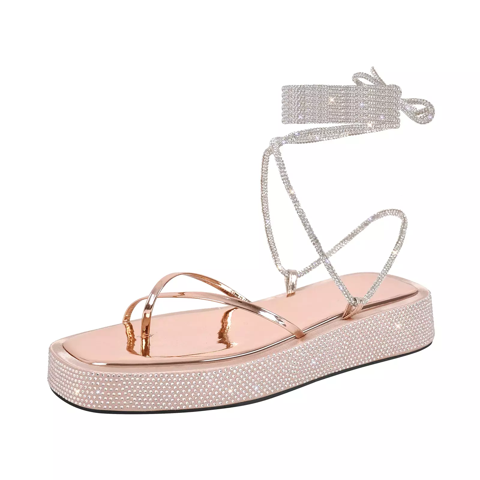 Onlymaker Flats Rhinestone Platform Lace-up Strap Sandals