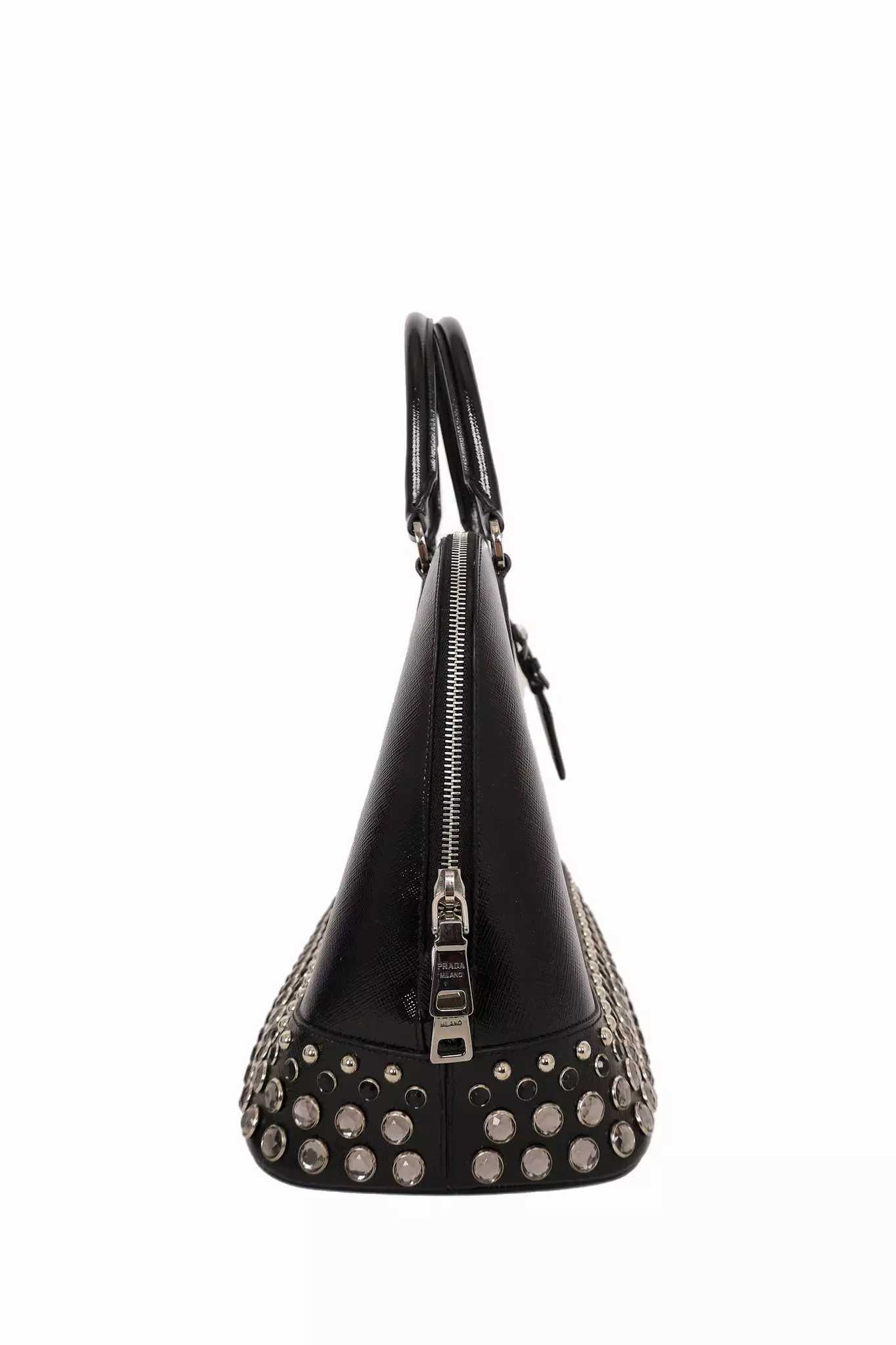 Prada Black Leather Crystal Embellished Spazzolato Top Handle Bag