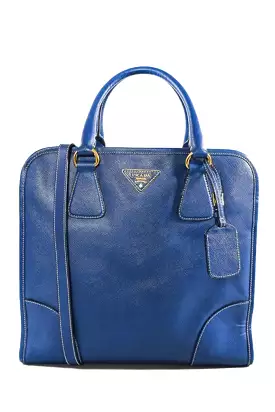 Prada Blue Leather Lucido Tote Top Handle Bag w/ Strap