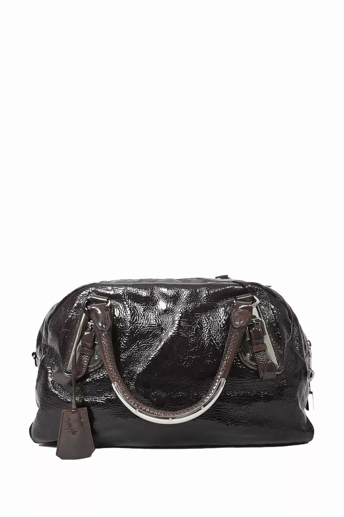 Prada Brown Crinkled Patent Leather Top Handle Bag