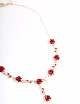 Red Diamante Rose Y-Necklace