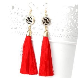 Red Tassel Earrings with Gold and Crystal Flower Charm