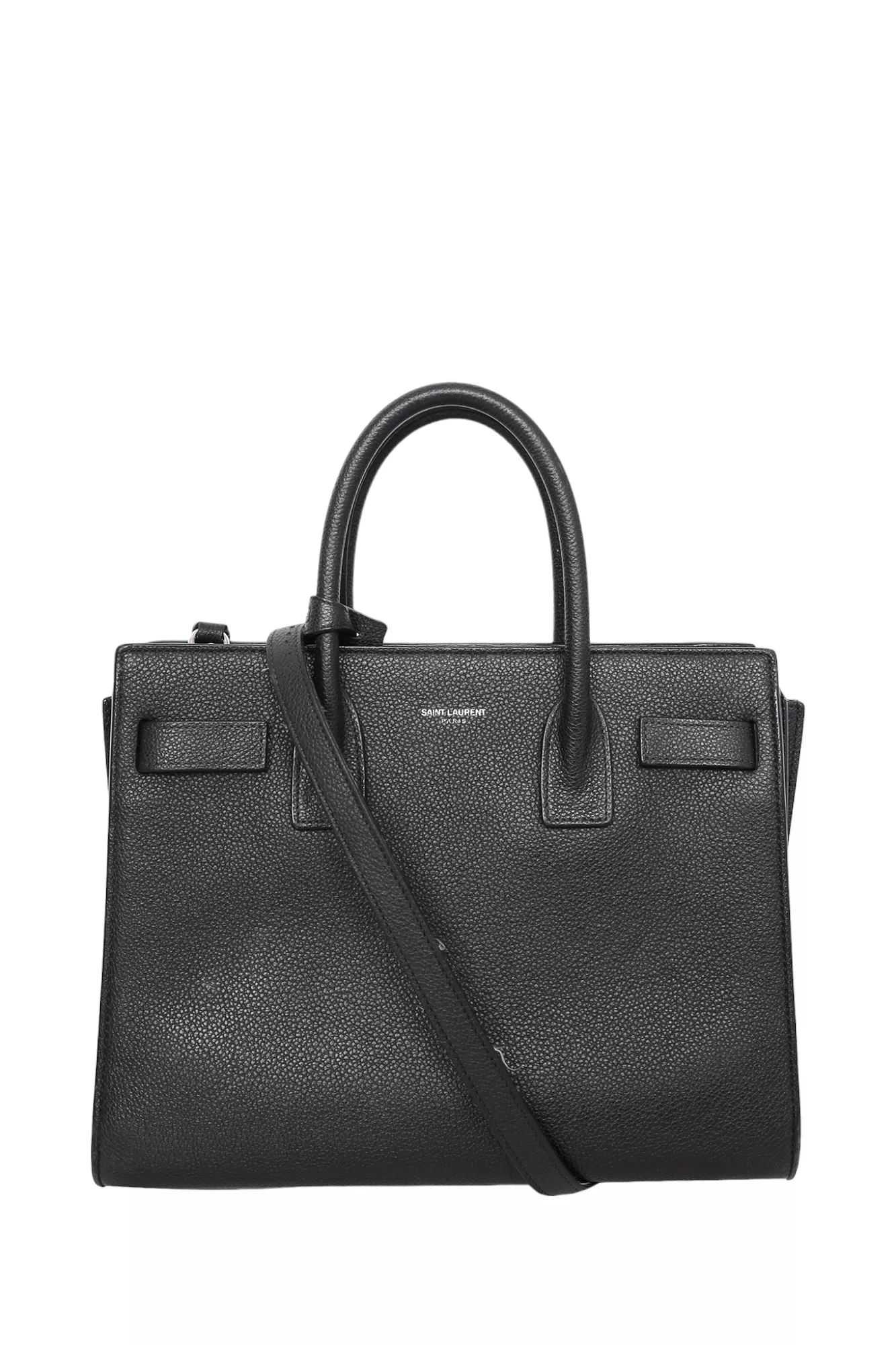 Saint Laurent Black Grained Leather Small Sac de Jour Top Handle Bag with Strap 