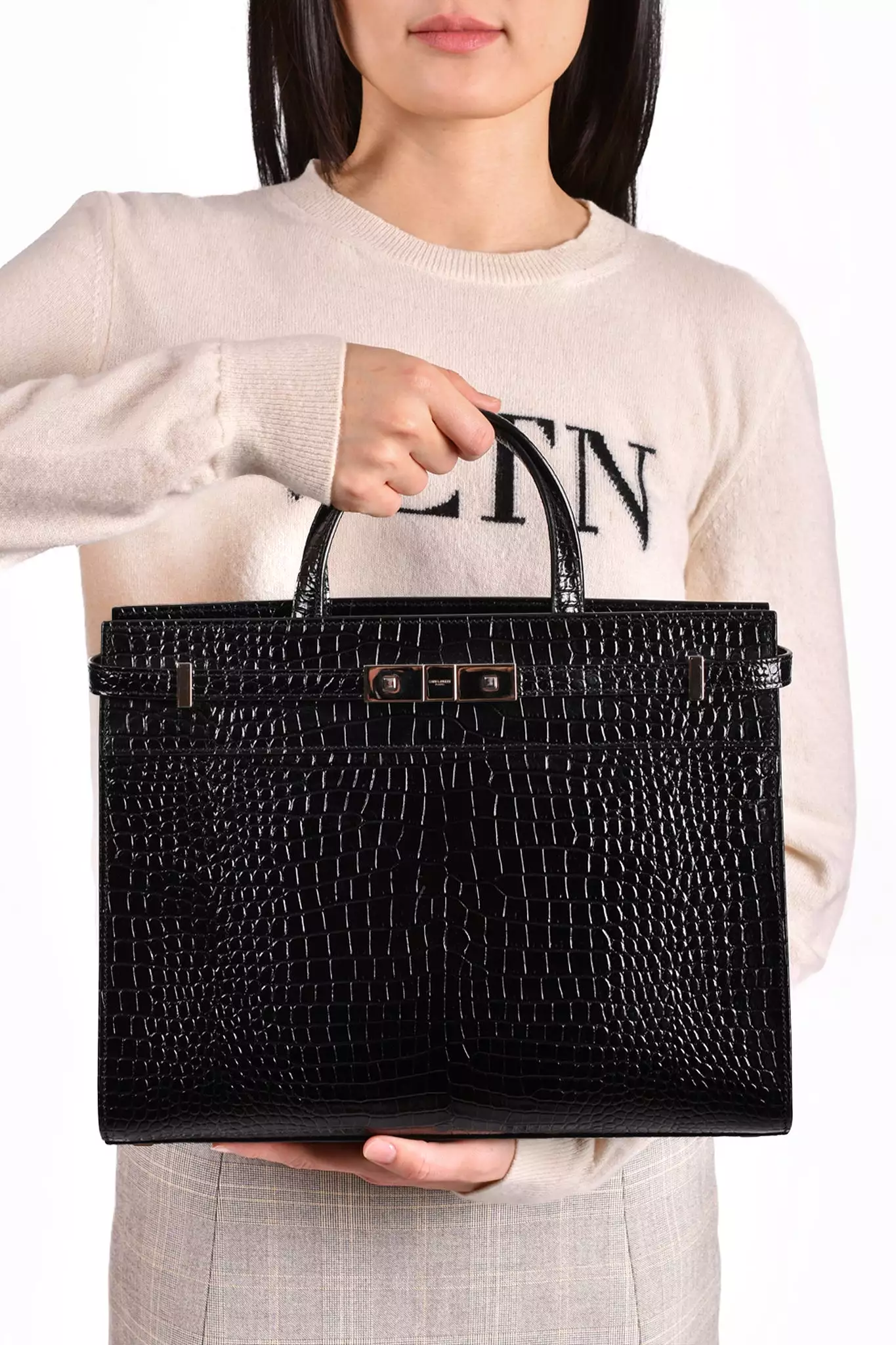 Saint Laurent Black Pebbled Leather Manhattan Top Handle Bag with Strap