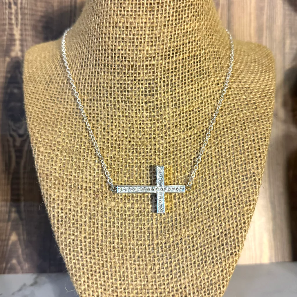 Silver Crystal Horizontal Cross Necklace