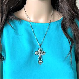 Silver Fancy Large Cross Necklace