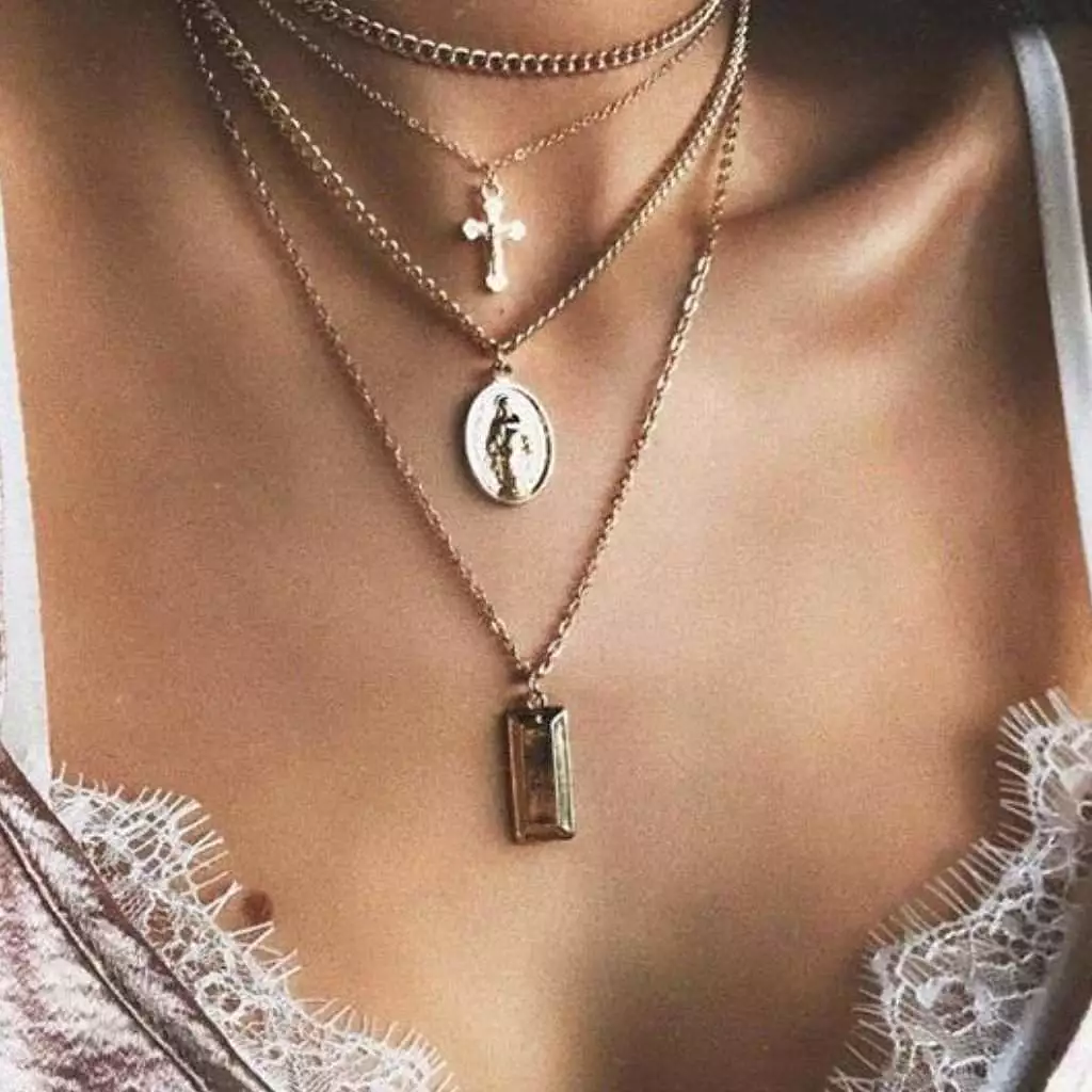 Silver Layered Mother Mary and Cross Necklace