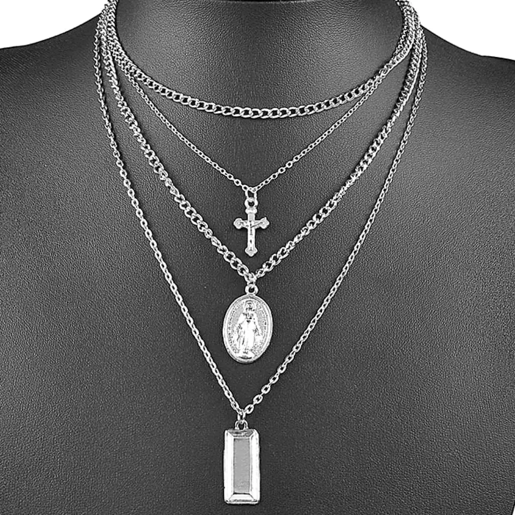 Silver Layered Mother Mary and Cross Necklace