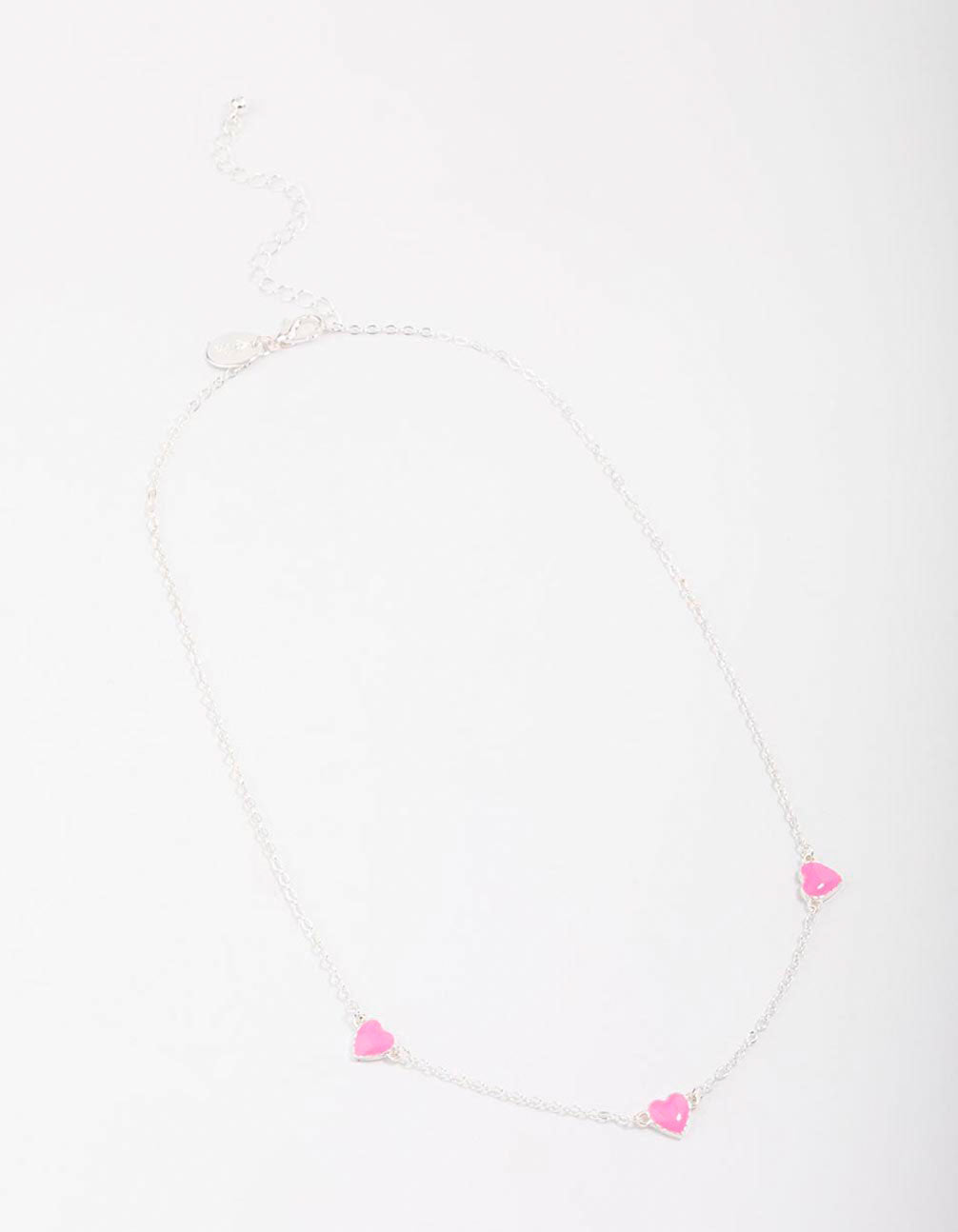 Silver Pink Enamel Heart Chain Necklace