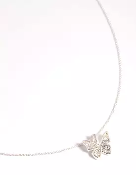 Silver Plated Pave Butterfly Necklace