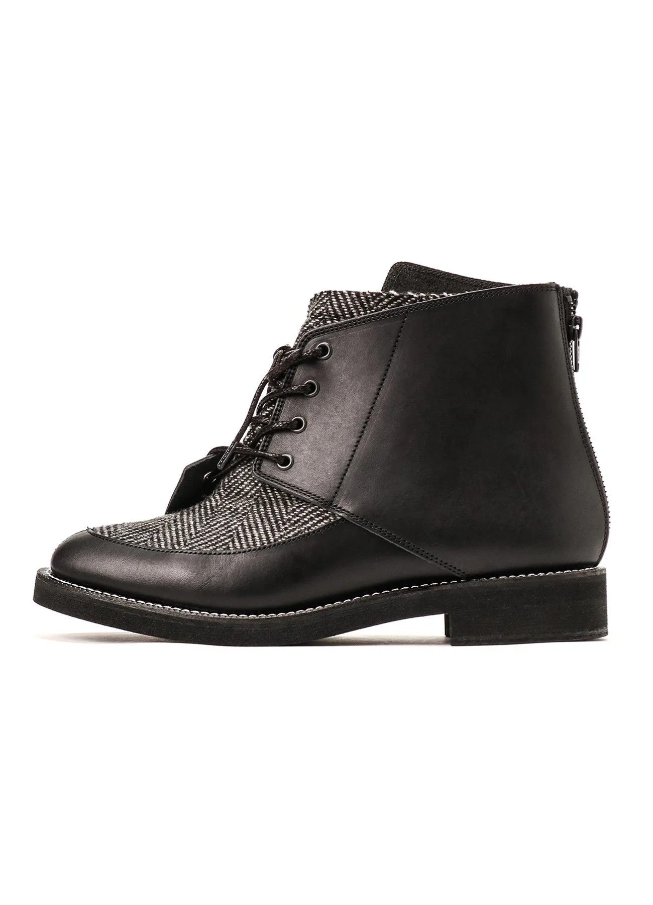 SMOOTH LEATHER/WOOL HERRINGBONE COMBI LACE-UP BOOTS