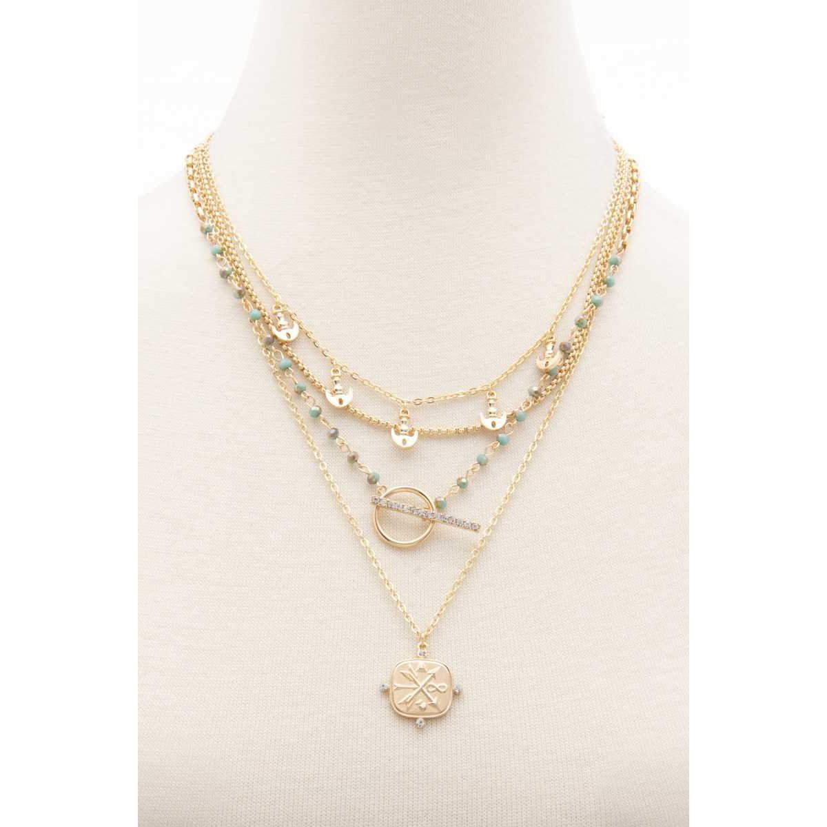 Square Shape Toggle Beaded Layered Necklace