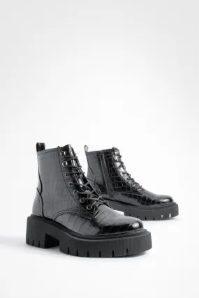 Tab Detail Chunky Lace Up Croc Combat Boots