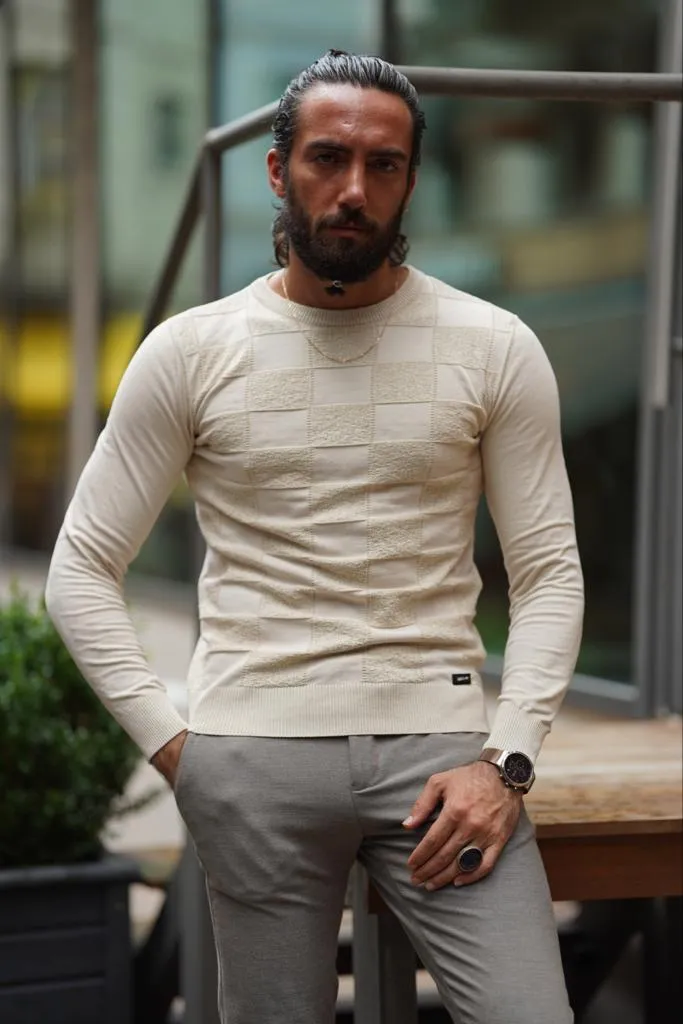 Thread Slim Fit Custom Design Round Neck Beige Sweaters