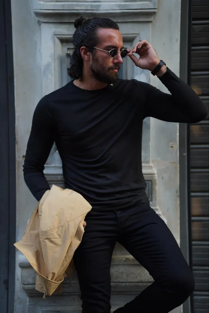 Thread Slim Fit Custom Design Round Neck Black Sweaters