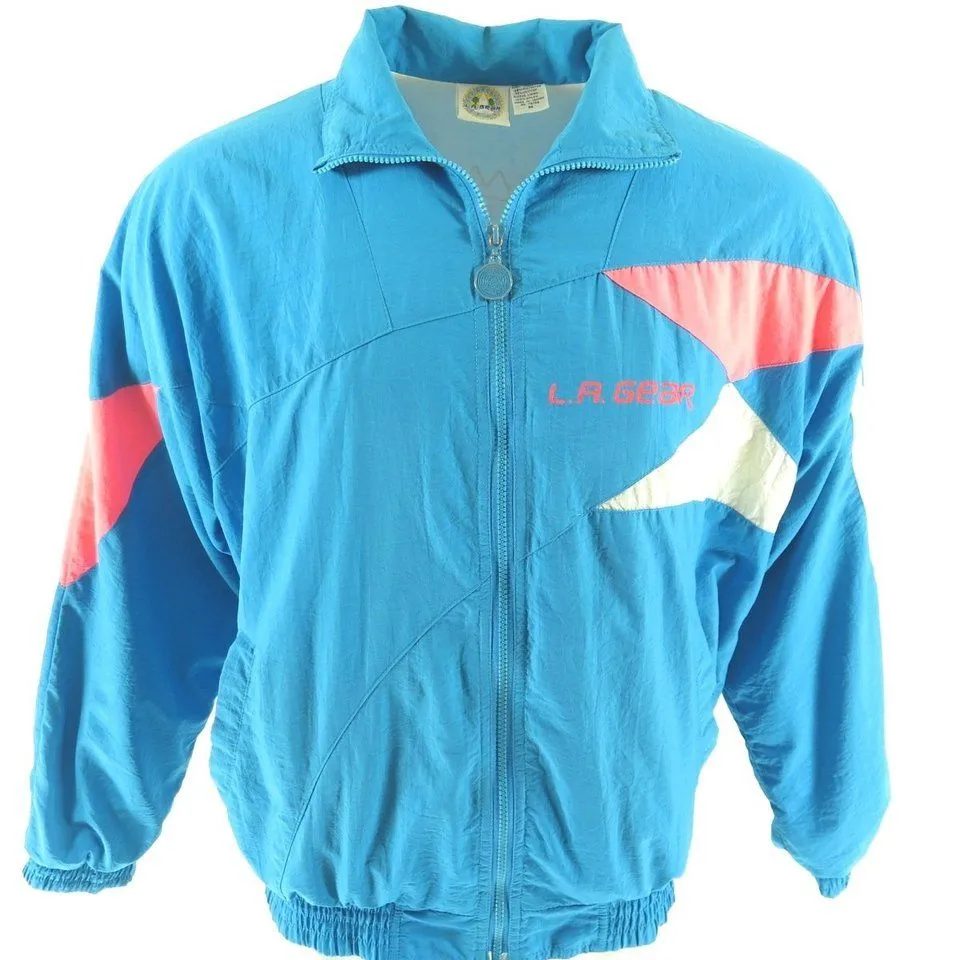 Vintage 90s LA Gear Track Jacket Mens M Print Blue Neon Nylon Break Dance Jam