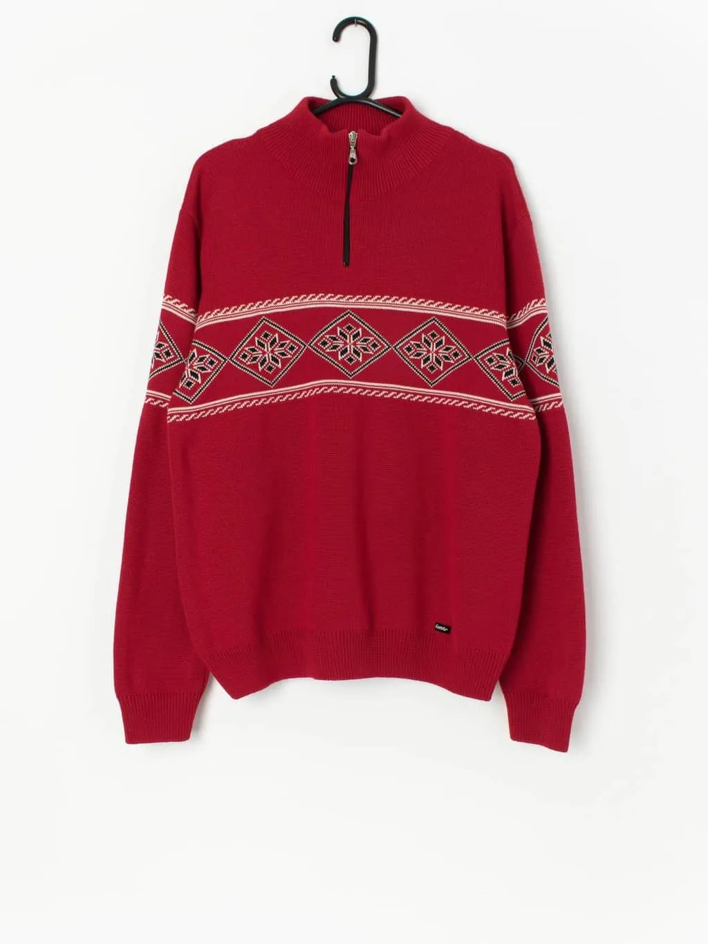 Vintage Eisbar wool quarter zip jumper in red, white and black – Large