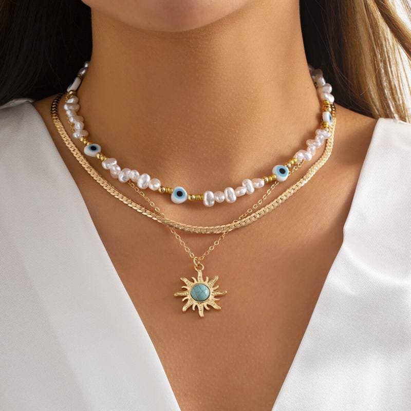 Vintage Faux Pearl Sun Pendant Necklaces