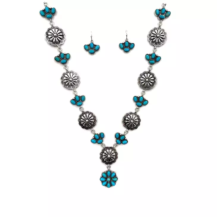 Western Concho Flower Charm Link Turquoise Necklace Earrings