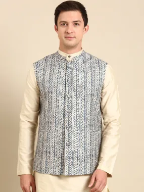 White /Blue Muslin Dgital Print Modi Jackets - MMWC0230