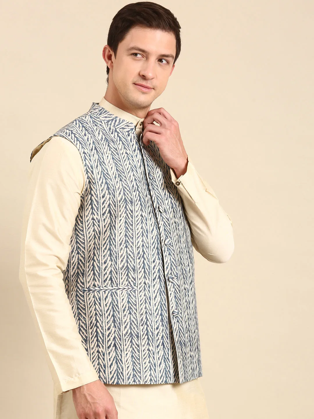 White /Blue Muslin Dgital Print Modi Jackets - MMWC0230