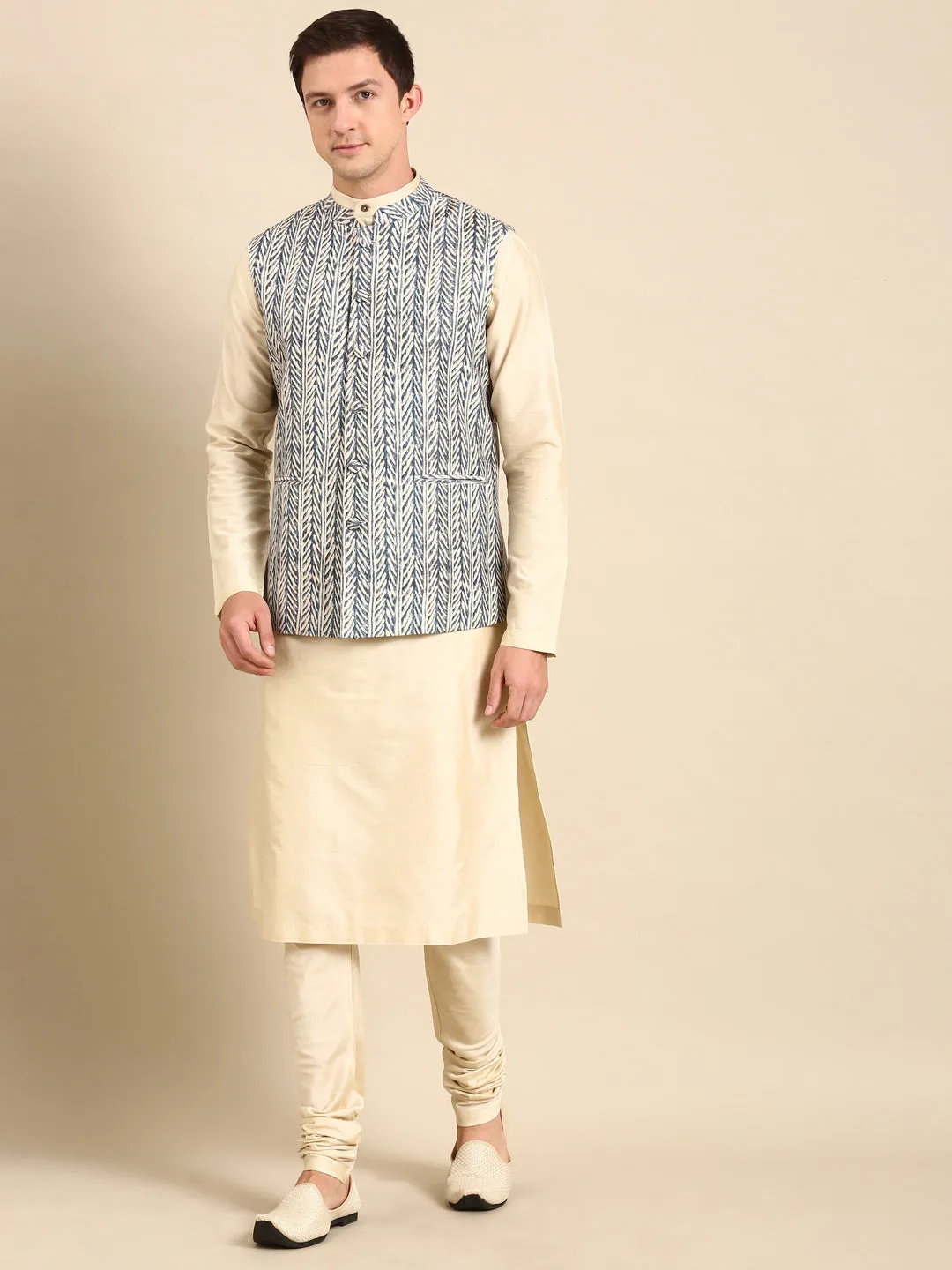 White /Blue Muslin Dgital Print Modi Jackets - MMWC0230