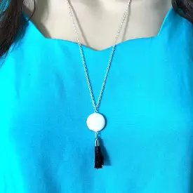 White Jasper Stone and Black Tassel Long Necklace