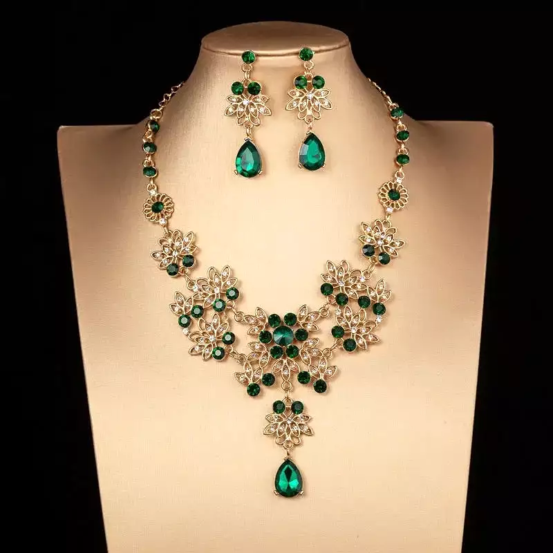 Women Style Gold Color Green Crystal Bridal Jewelry Sets Necklace Earrings