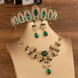 Women Style Gold Color Green Crystal Bridal Jewelry Sets Necklace Earrings