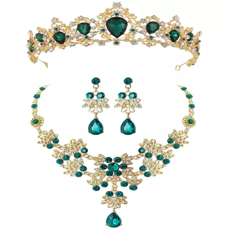 Women Style Gold Color Green Crystal Bridal Jewelry Sets Necklace Earrings