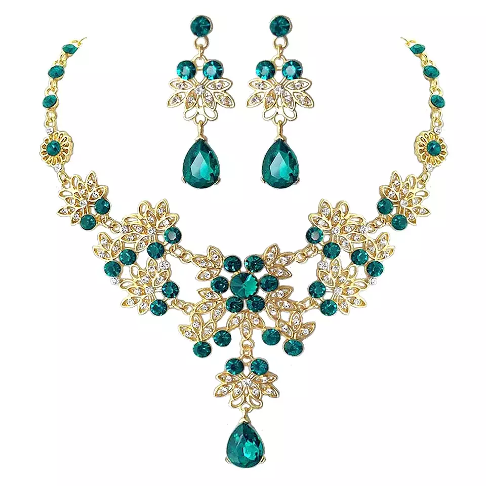 Women Style Gold Color Green Crystal Bridal Jewelry Sets Necklace Earrings