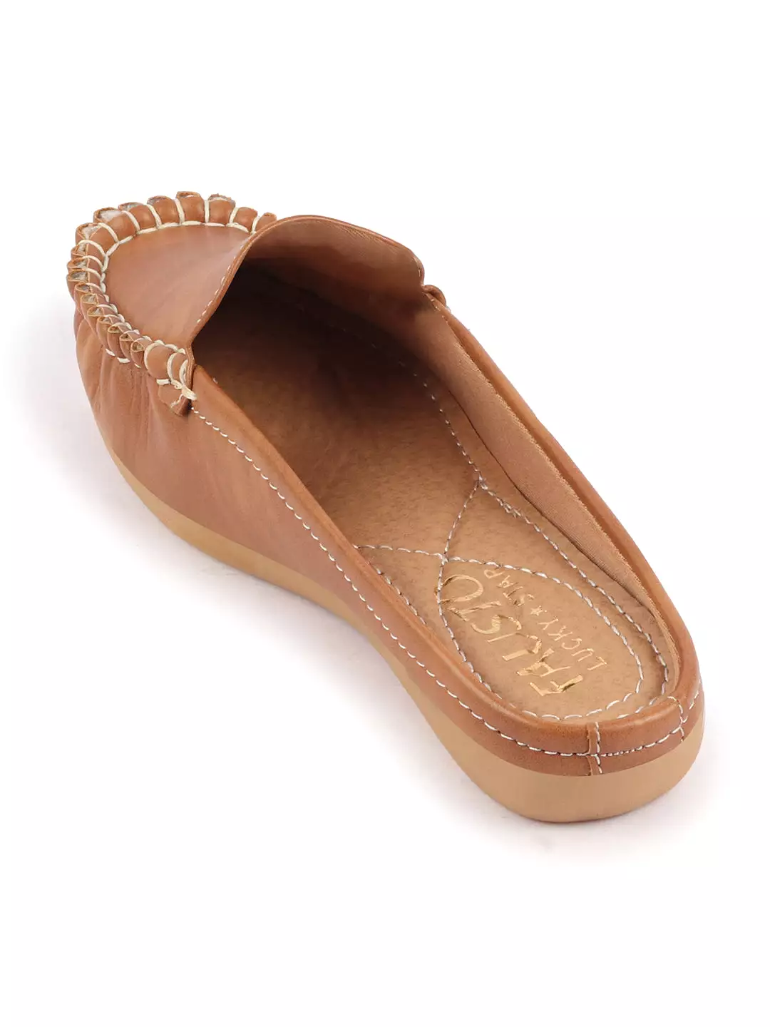 Women Tan Side Stitched Back Open Slip On Mules Shoes