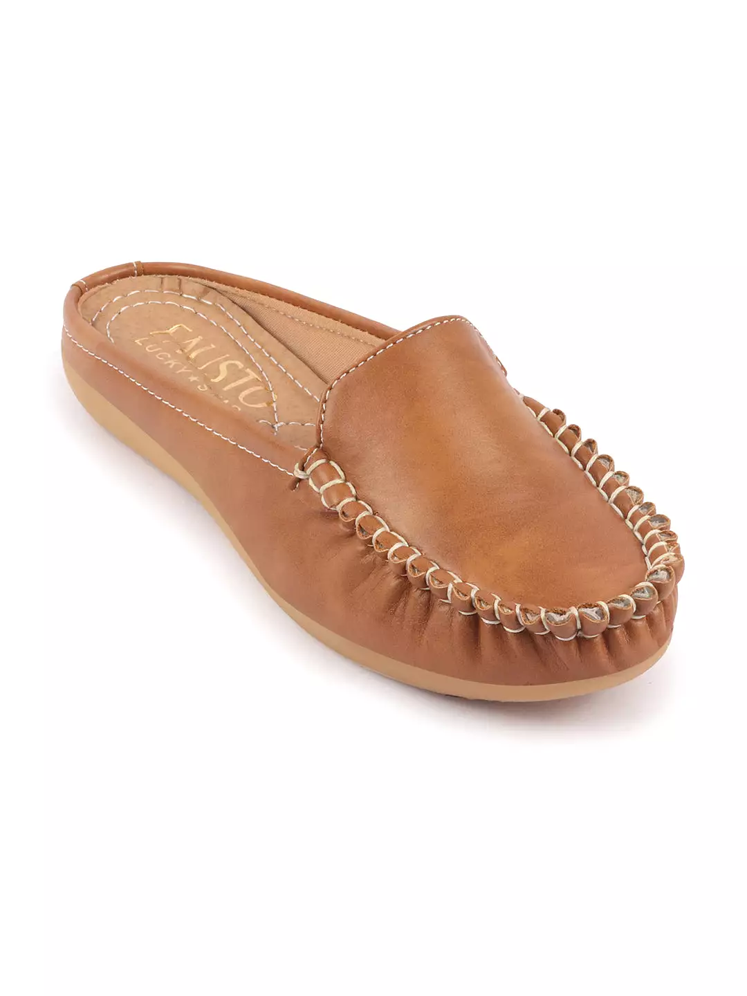 Women Tan Side Stitched Back Open Slip On Mules Shoes