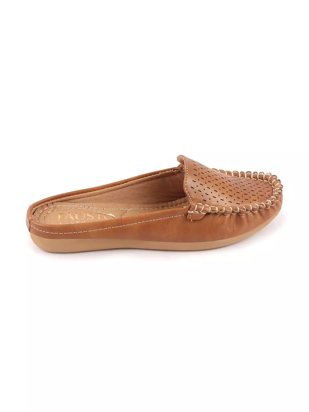 Women Tan Side Stitched Laser Cut Design Back Open Slip On Mules Shoes