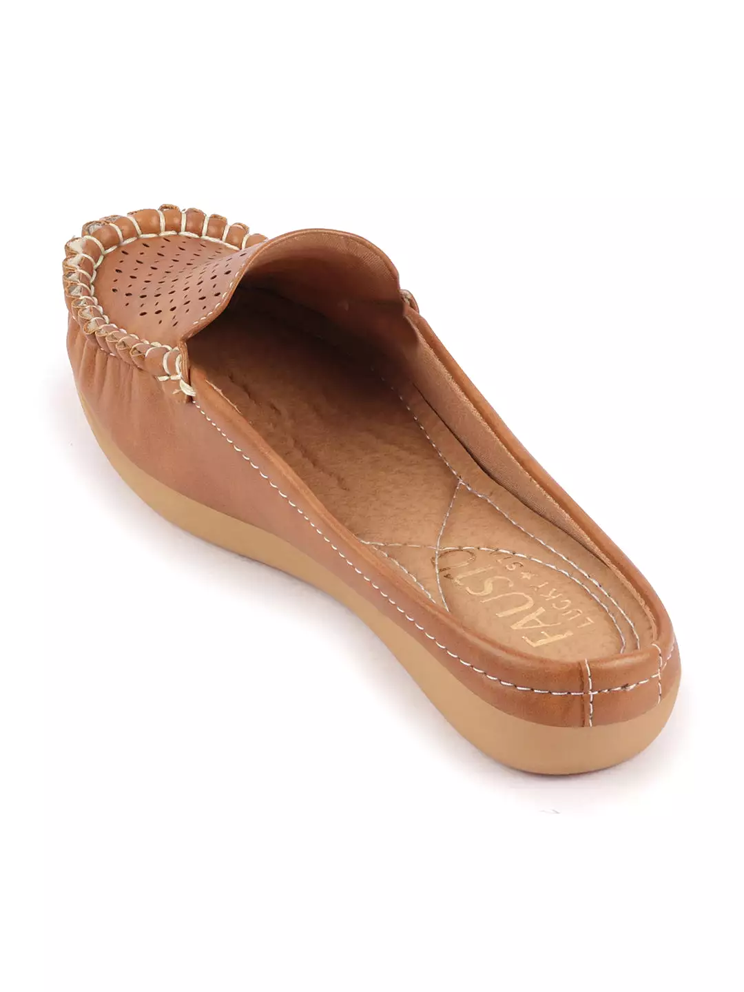 Women Tan Side Stitched Laser Cut Design Back Open Slip On Mules Shoes