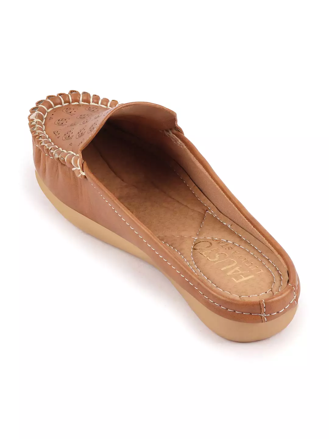 Women Tan Side Stitched Printed Back Open Slip On Mules Shoes