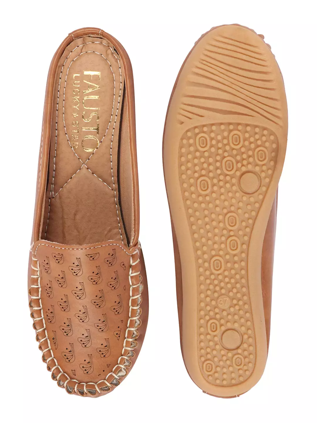 Women Tan Side Stitched Printed Back Open Slip On Mules Shoes