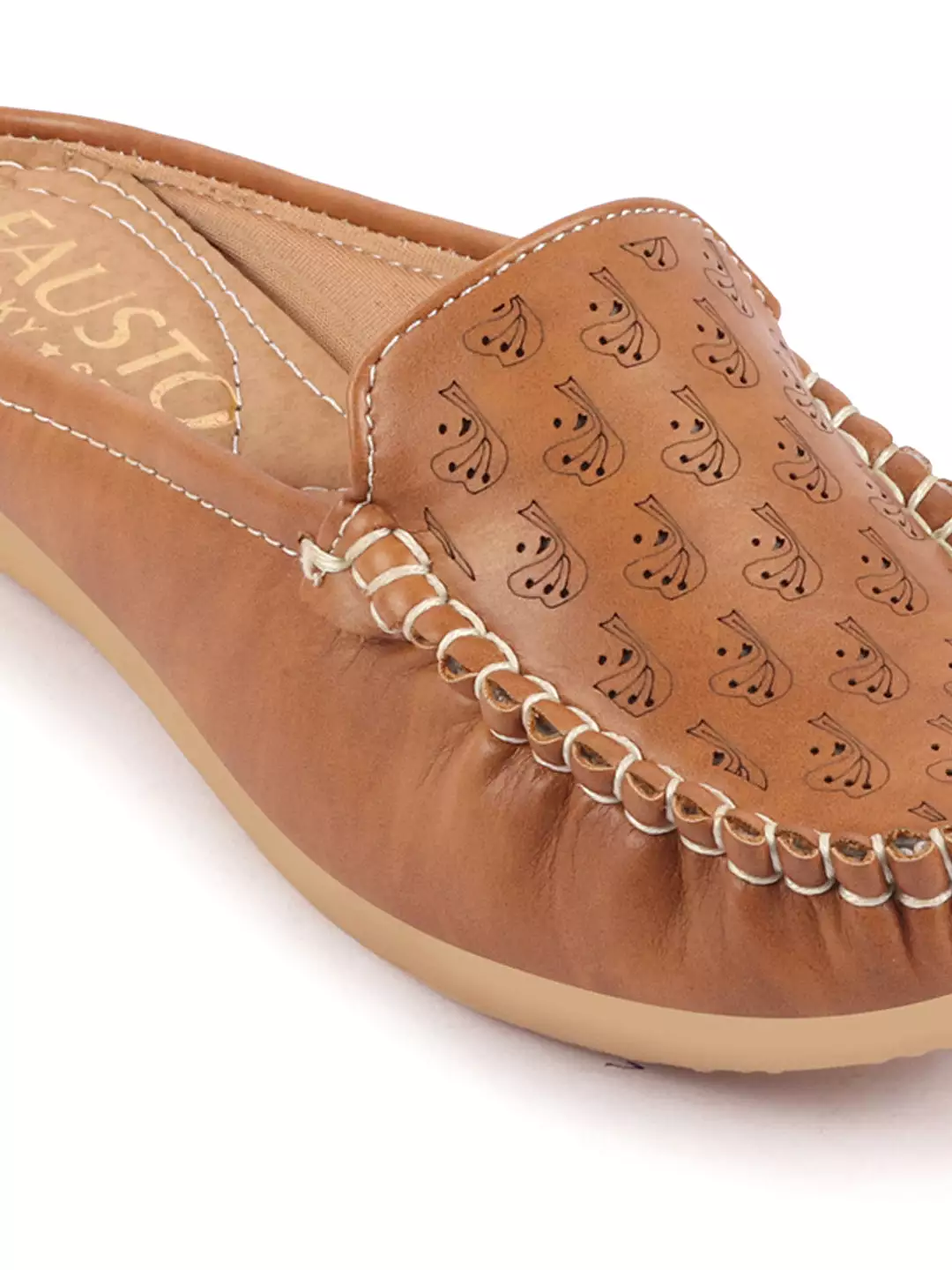 Women Tan Side Stitched Printed Back Open Slip On Mules Shoes