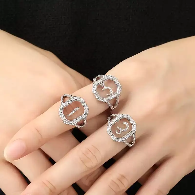 Women's Fashion Ring Simple Zircon Arabic Letters Glass Square Design rings